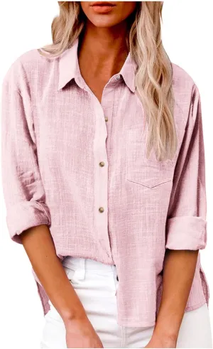 Women Cotton Linen Button Down T-Shirts Long Sleeve Gauze Cotton Dress Top Casual Loose Collared Vacation Blouses