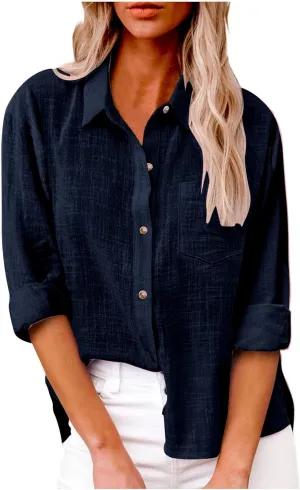 Women Cotton Linen Button Down T-Shirts Long Sleeve Gauze Cotton Dress Top Casual Loose Collared Vacation Blouses