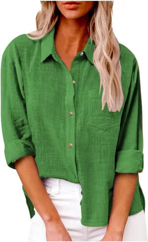 Women Cotton Linen Button Down T-Shirts Long Sleeve Gauze Cotton Dress Top Casual Loose Collared Vacation Blouses