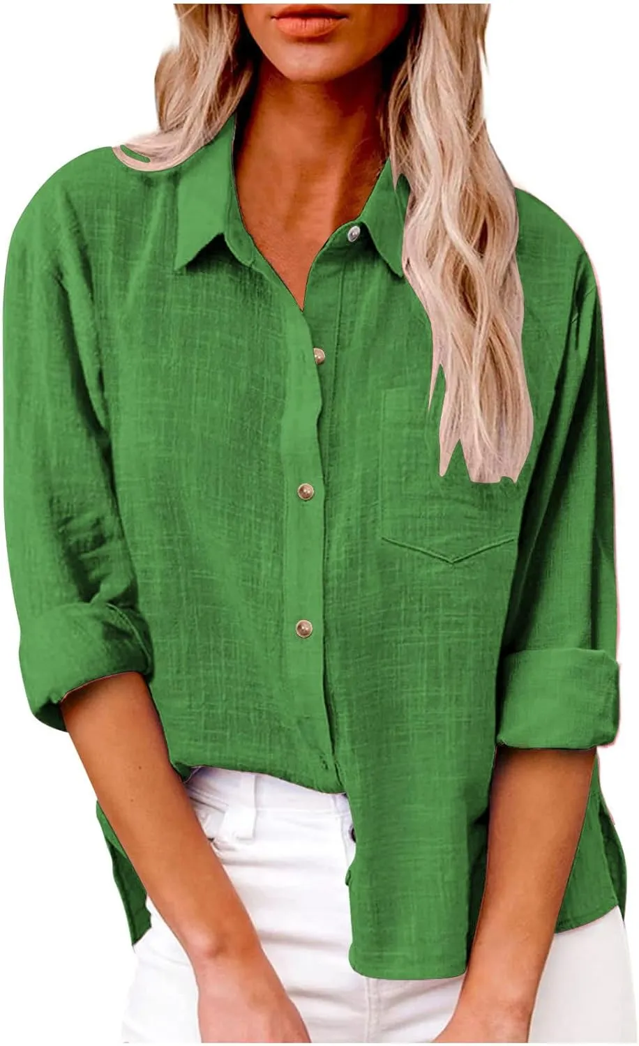 Women Cotton Linen Button Down T-Shirts Long Sleeve Gauze Cotton Dress Top Casual Loose Collared Vacation Blouses