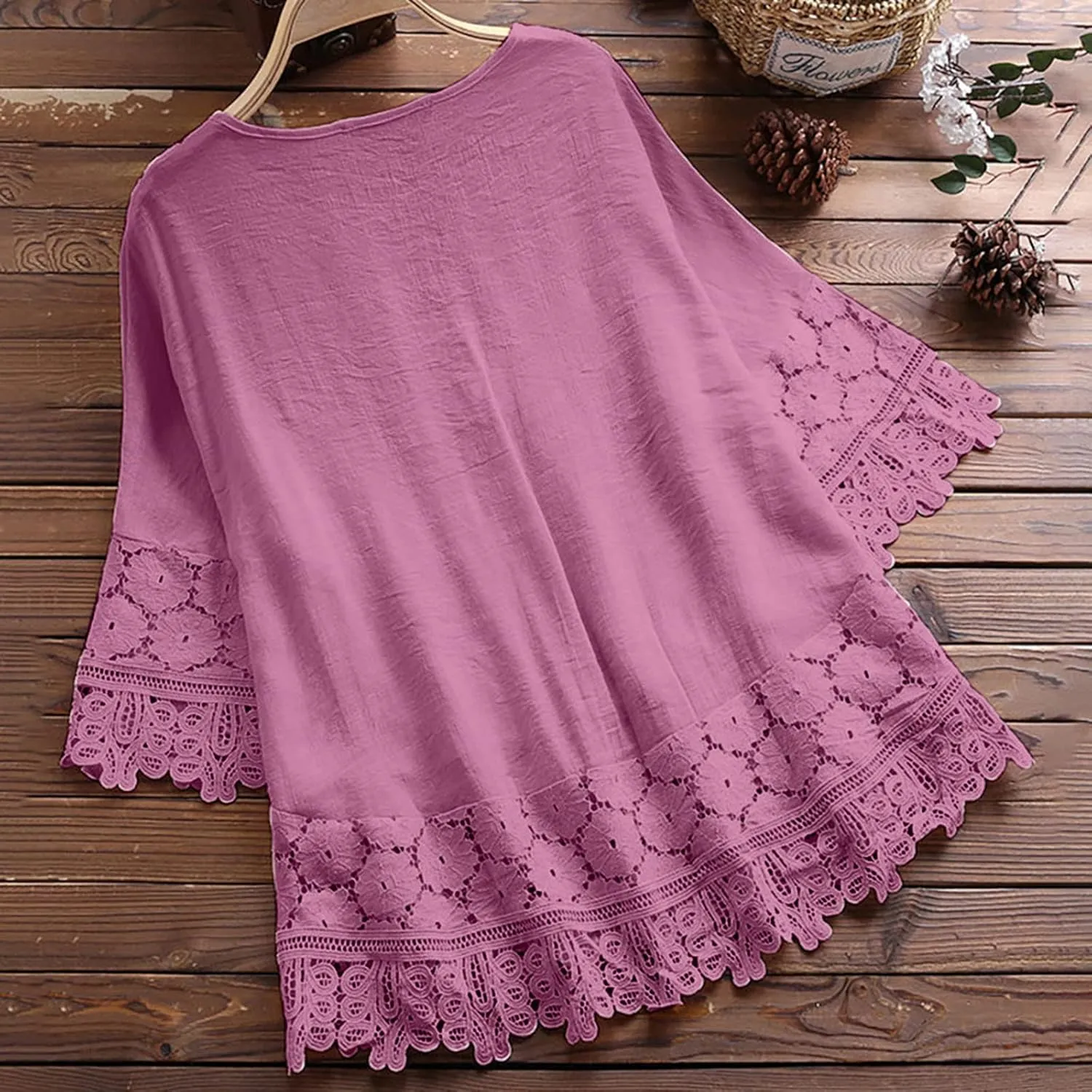 Women Cotton Linen Embroidered Tops Loose 3/4 Sleeve Shirt Dressy Casual Boho Tunic Summer Lace Peasant Blouses