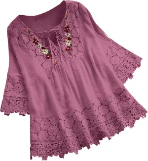Women Cotton Linen Embroidered Tops Loose 3/4 Sleeve Shirt Dressy Casual Boho Tunic Summer Lace Peasant Blouses
