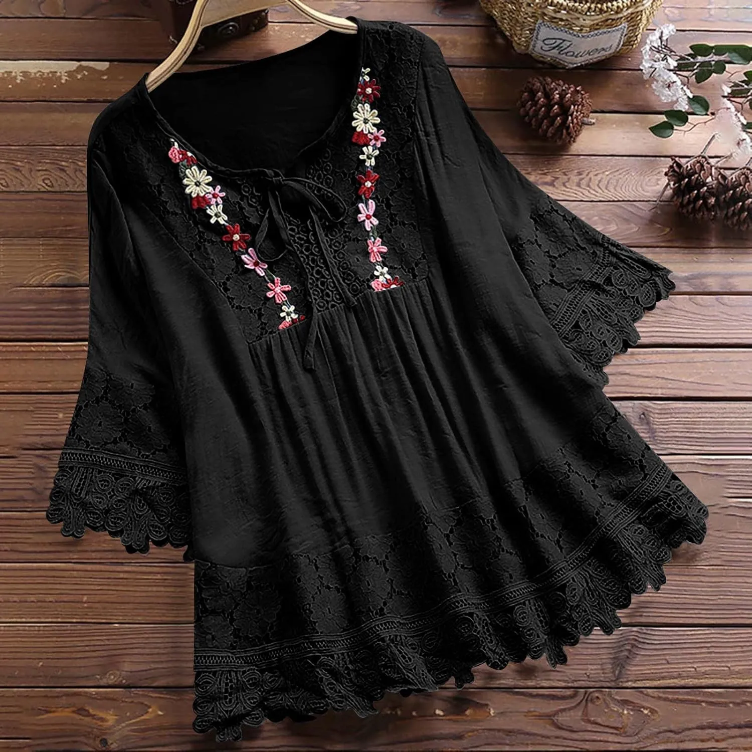 Women Cotton Linen Embroidered Tops Loose 3/4 Sleeve Shirt Dressy Casual Boho Tunic Summer Lace Peasant Blouses