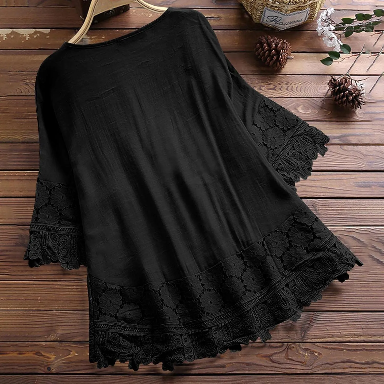 Women Cotton Linen Embroidered Tops Loose 3/4 Sleeve Shirt Dressy Casual Boho Tunic Summer Lace Peasant Blouses
