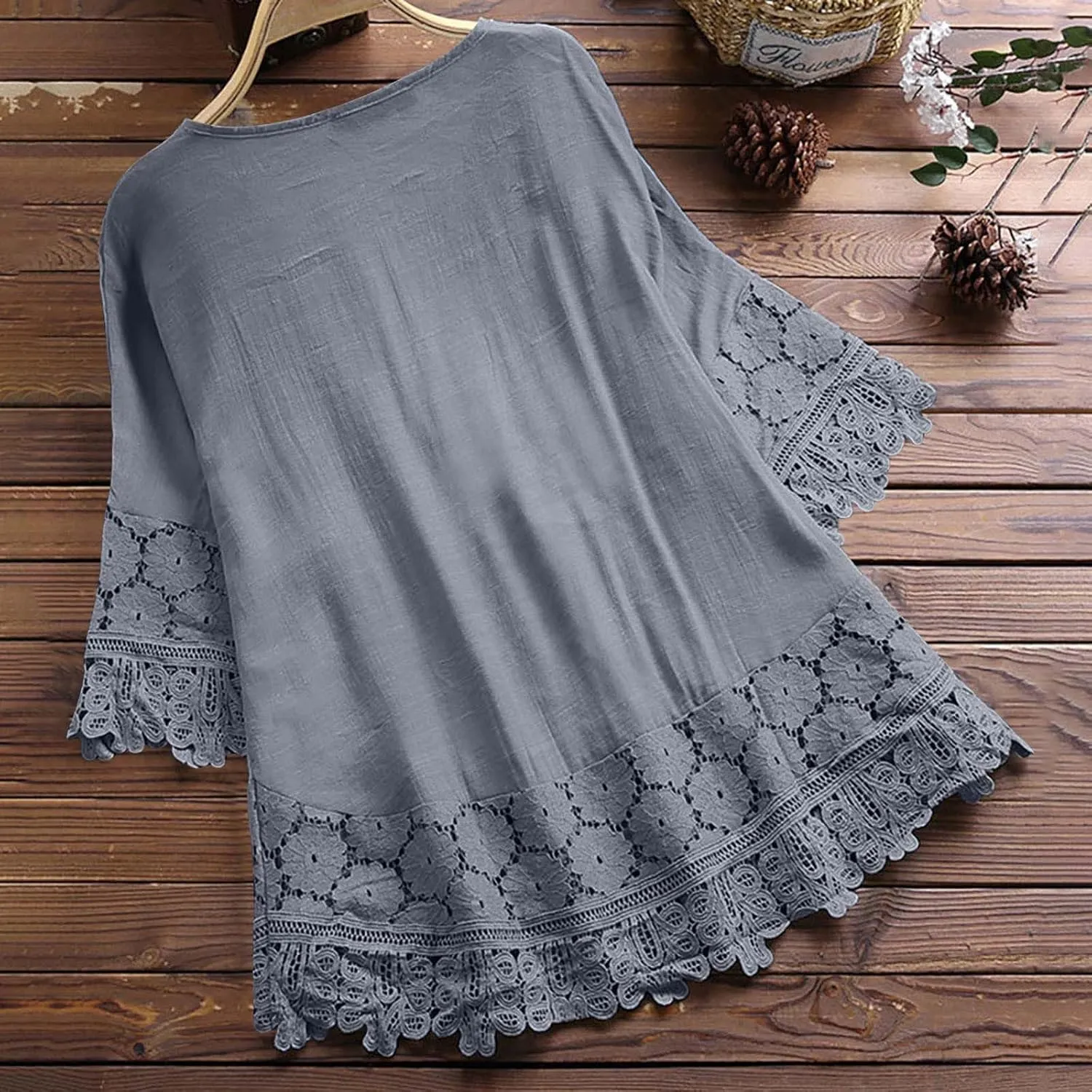 Women Cotton Linen Embroidered Tops Loose 3/4 Sleeve Shirt Dressy Casual Boho Tunic Summer Lace Peasant Blouses