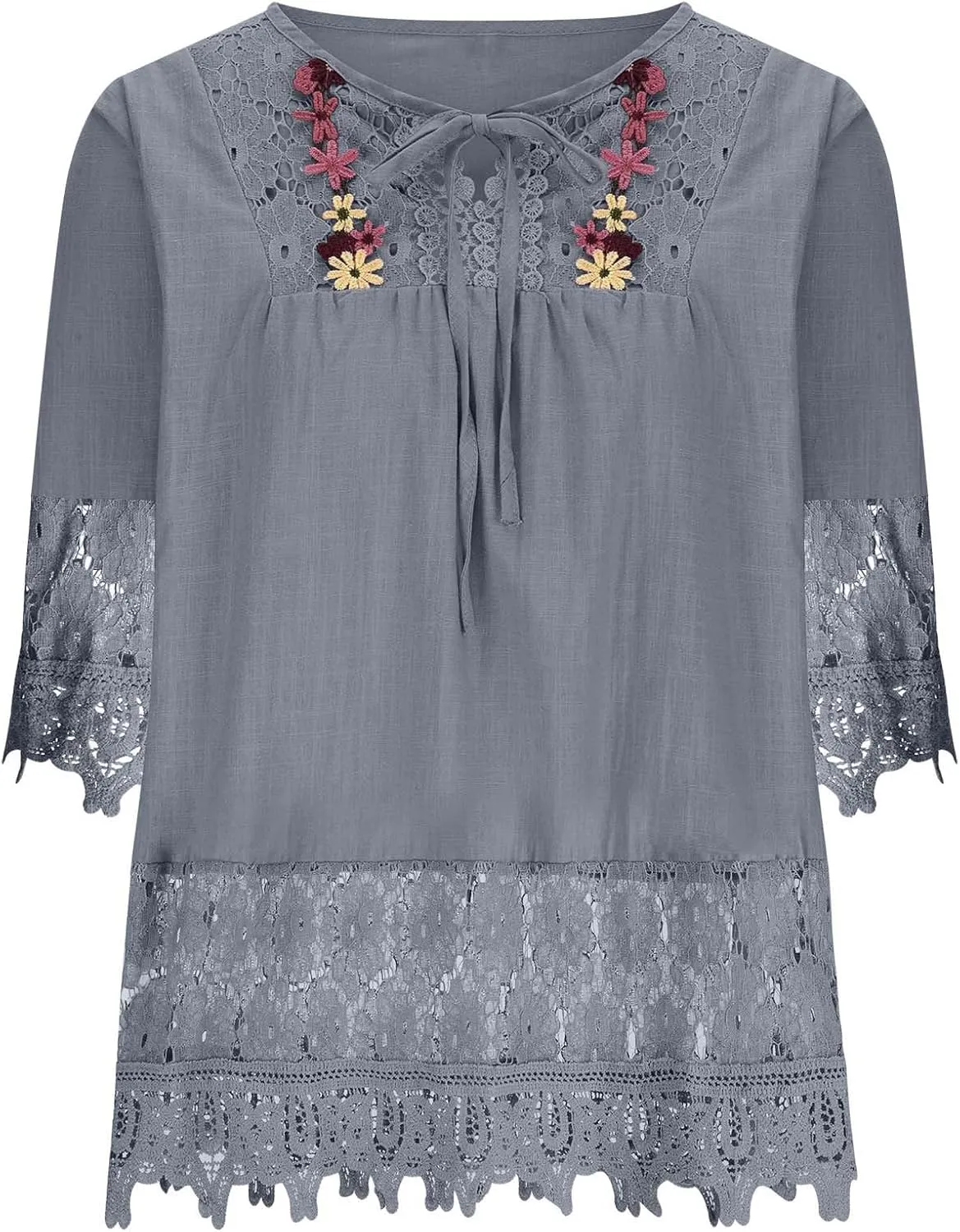 Women Cotton Linen Embroidered Tops Loose 3/4 Sleeve Shirt Dressy Casual Boho Tunic Summer Lace Peasant Blouses