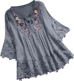 Women Cotton Linen Embroidered Tops Loose 3/4 Sleeve Shirt Dressy Casual Boho Tunic Summer Lace Peasant Blouses