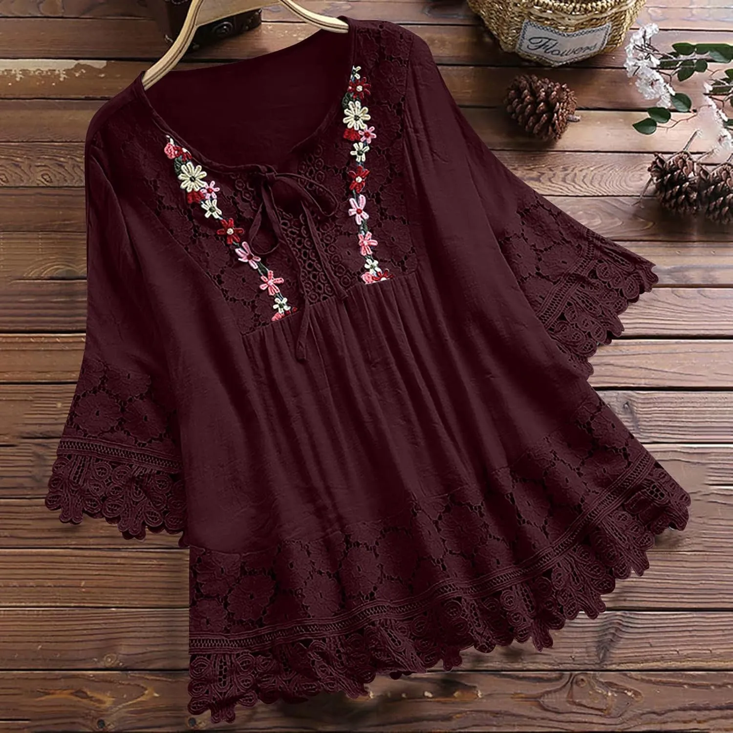 Women Cotton Linen Embroidered Tops Loose 3/4 Sleeve Shirt Dressy Casual Boho Tunic Summer Lace Peasant Blouses