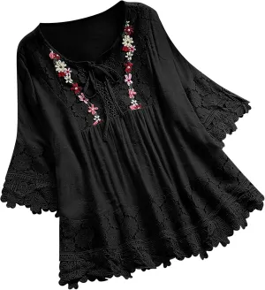 Women Cotton Linen Embroidered Tops Loose 3/4 Sleeve Shirt Dressy Casual Boho Tunic Summer Lace Peasant Blouses