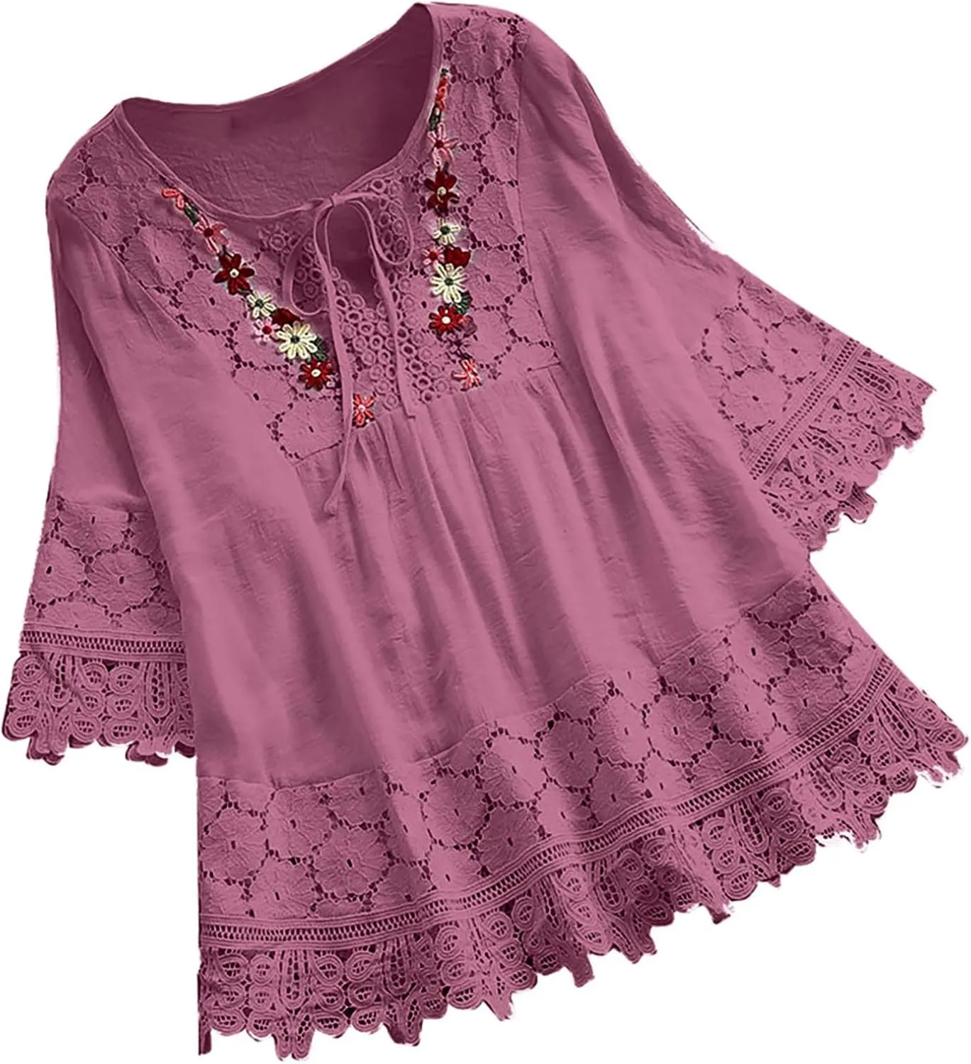 Women Cotton Linen Embroidered Tops Loose 3/4 Sleeve Shirt Dressy Casual Boho Tunic Summer Lace Peasant Blouses
