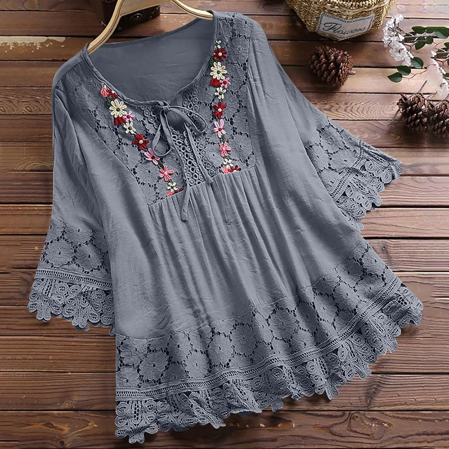 Women Cotton Linen Embroidered Tops Loose 3/4 Sleeve Shirt Dressy Casual Boho Tunic Summer Lace Peasant Blouses