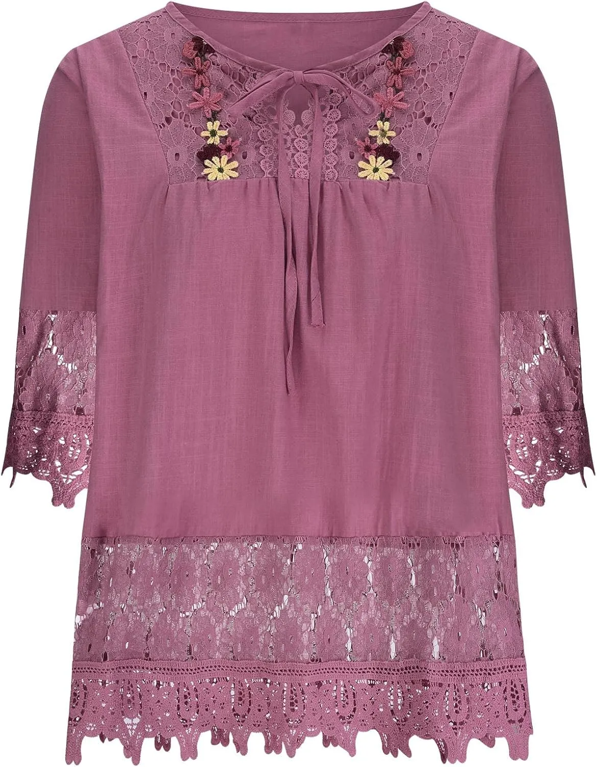 Women Cotton Linen Embroidered Tops Loose 3/4 Sleeve Shirt Dressy Casual Boho Tunic Summer Lace Peasant Blouses