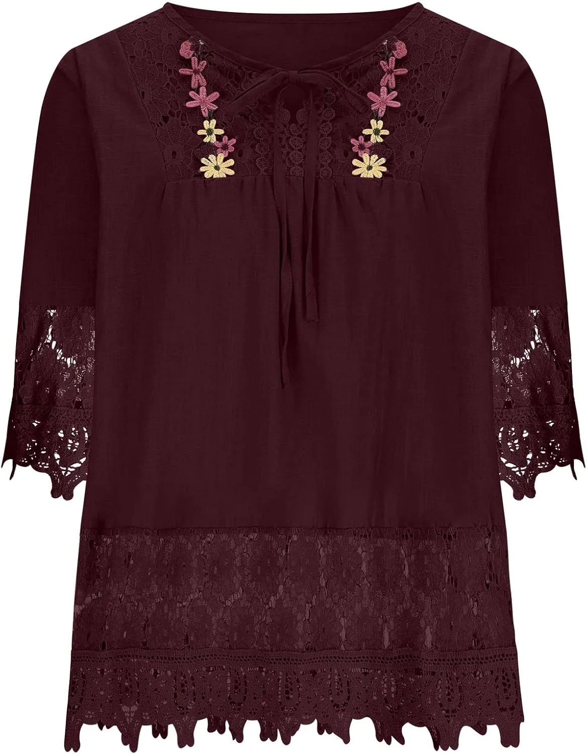 Women Cotton Linen Embroidered Tops Loose 3/4 Sleeve Shirt Dressy Casual Boho Tunic Summer Lace Peasant Blouses