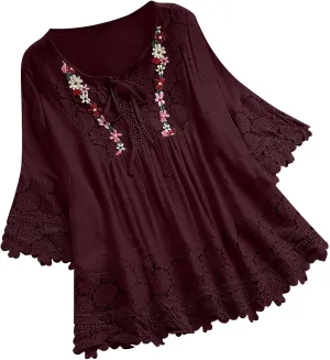 Women Cotton Linen Embroidered Tops Loose 3/4 Sleeve Shirt Dressy Casual Boho Tunic Summer Lace Peasant Blouses