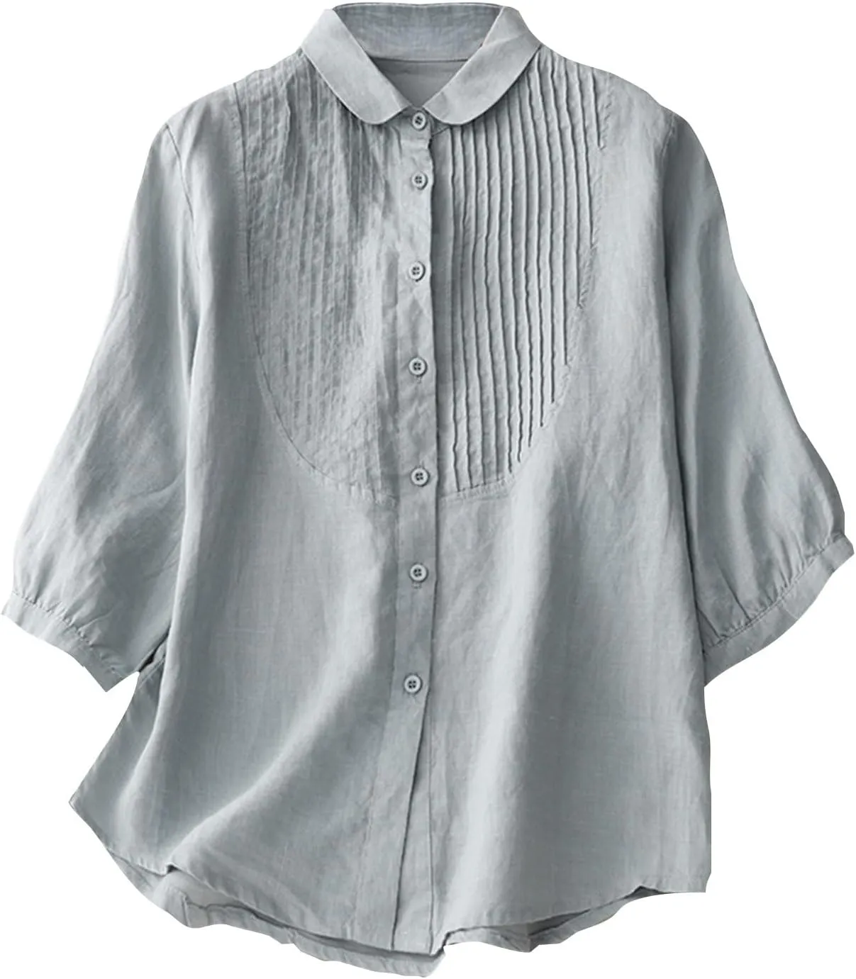 Women Cotton Linen Shirts 3/4 Sleeve Lapel Button Down Pleated Blouse Summer Dressy Casual Solid Color Tees Tops