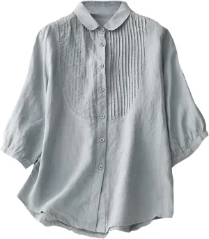 Women Cotton Linen Shirts 3/4 Sleeve Lapel Button Down Pleated Blouse Summer Dressy Casual Solid Color Tees Tops