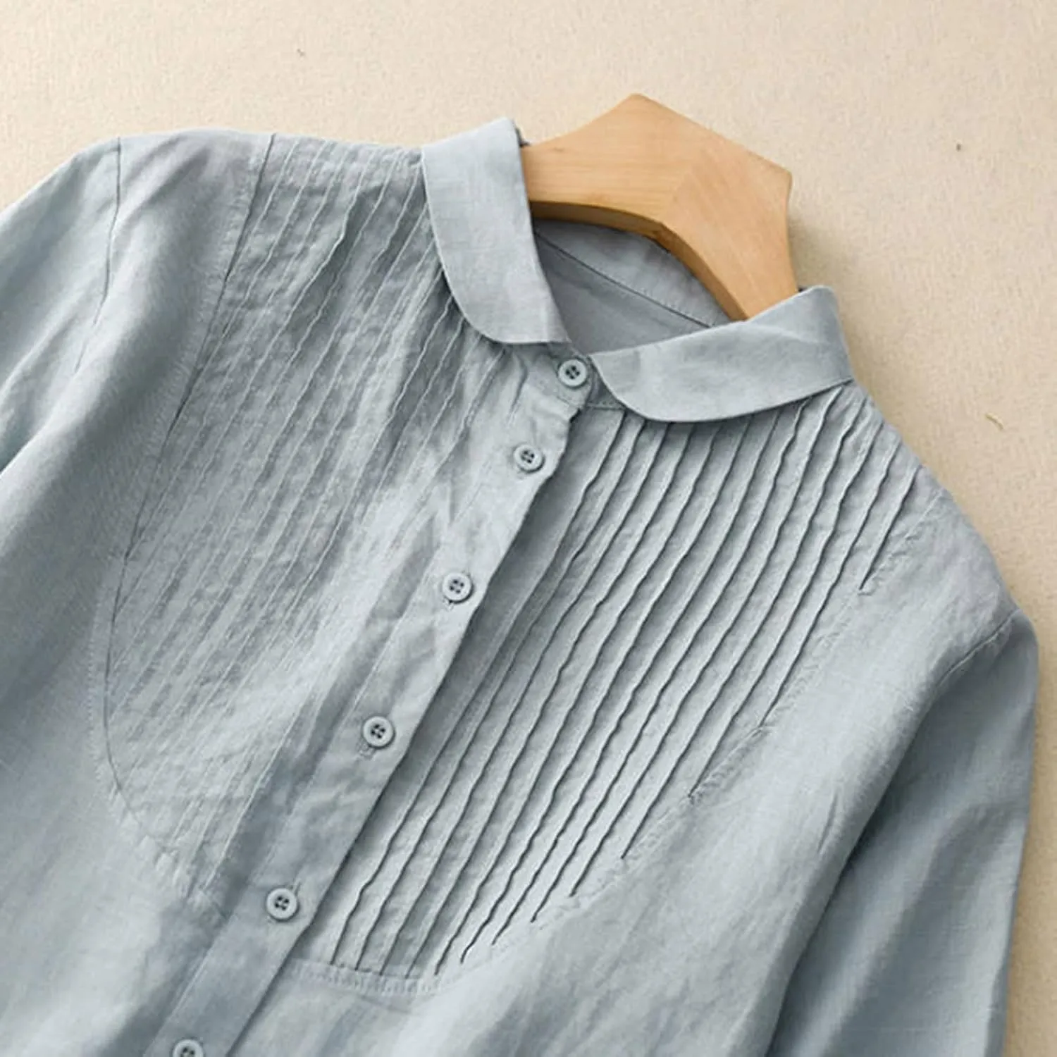Women Cotton Linen Shirts 3/4 Sleeve Lapel Button Down Pleated Blouse Summer Dressy Casual Solid Color Tees Tops