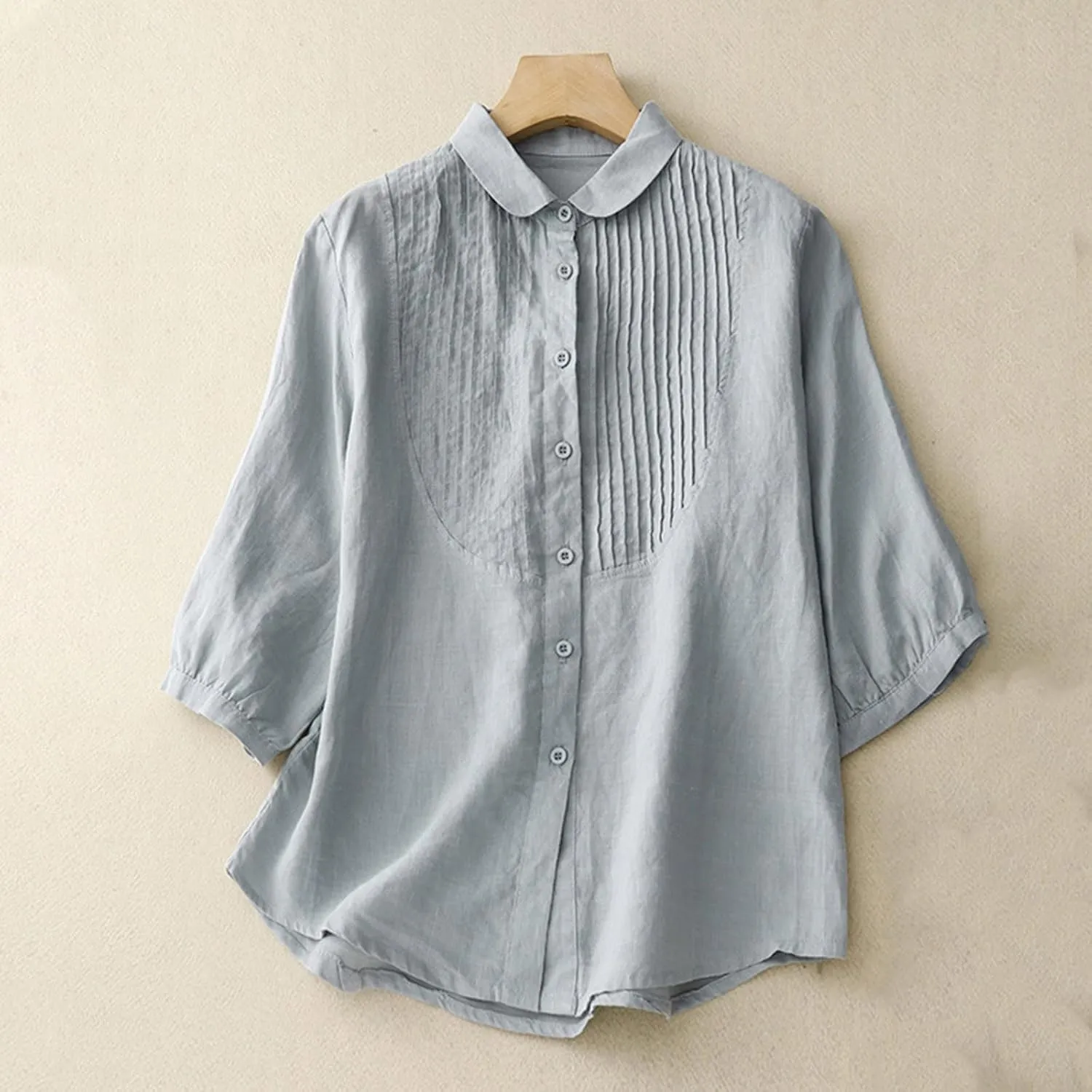 Women Cotton Linen Shirts 3/4 Sleeve Lapel Button Down Pleated Blouse Summer Dressy Casual Solid Color Tees Tops
