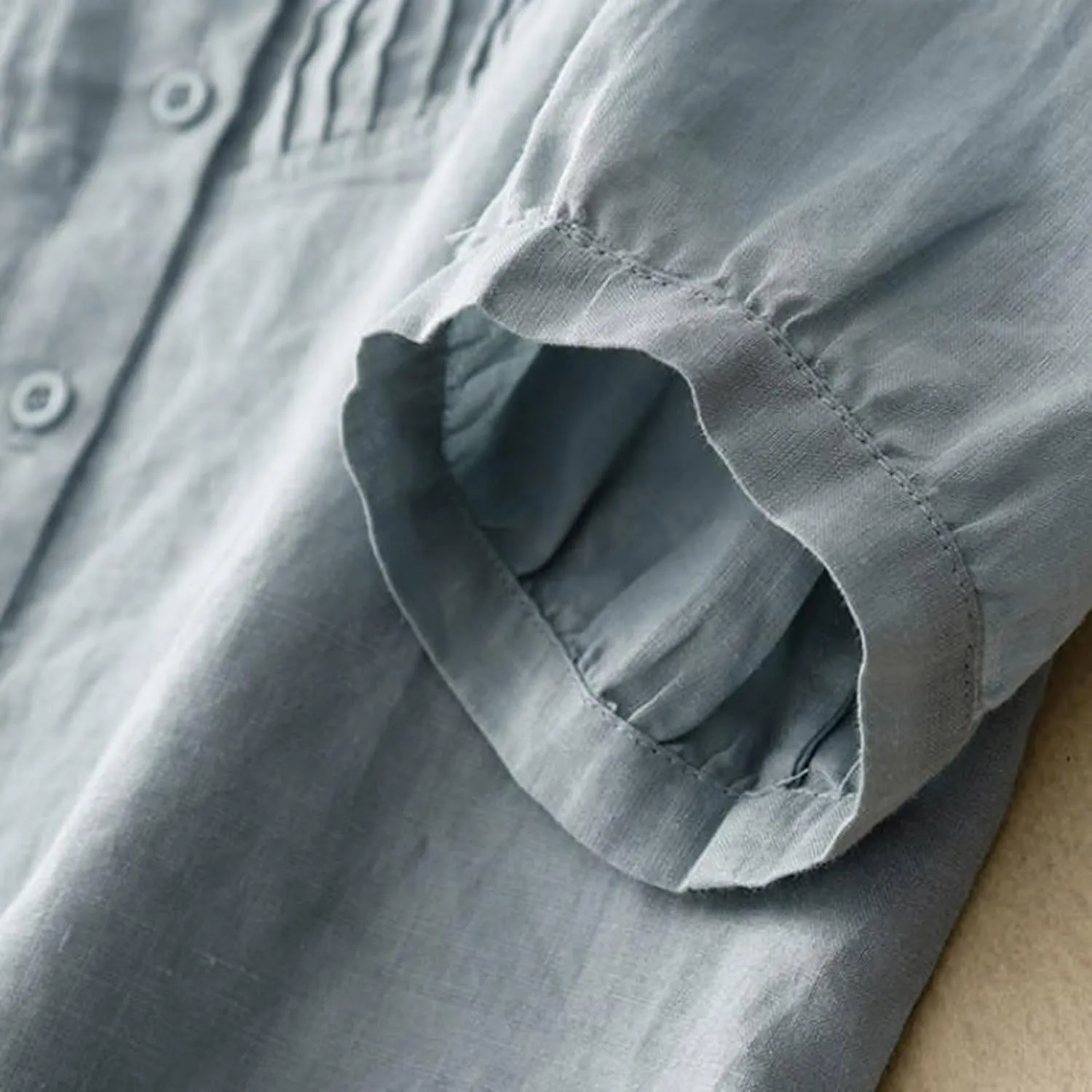 Women Cotton Linen Shirts 3/4 Sleeve Lapel Button Down Pleated Blouse Summer Dressy Casual Solid Color Tees Tops