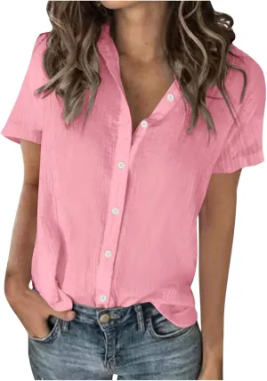 Women Cotton Linen Tunic Tops Gauze Summer Casual Blouse Short Sleeve Button Down Shirts Loose Fit Beach Clothes 2025