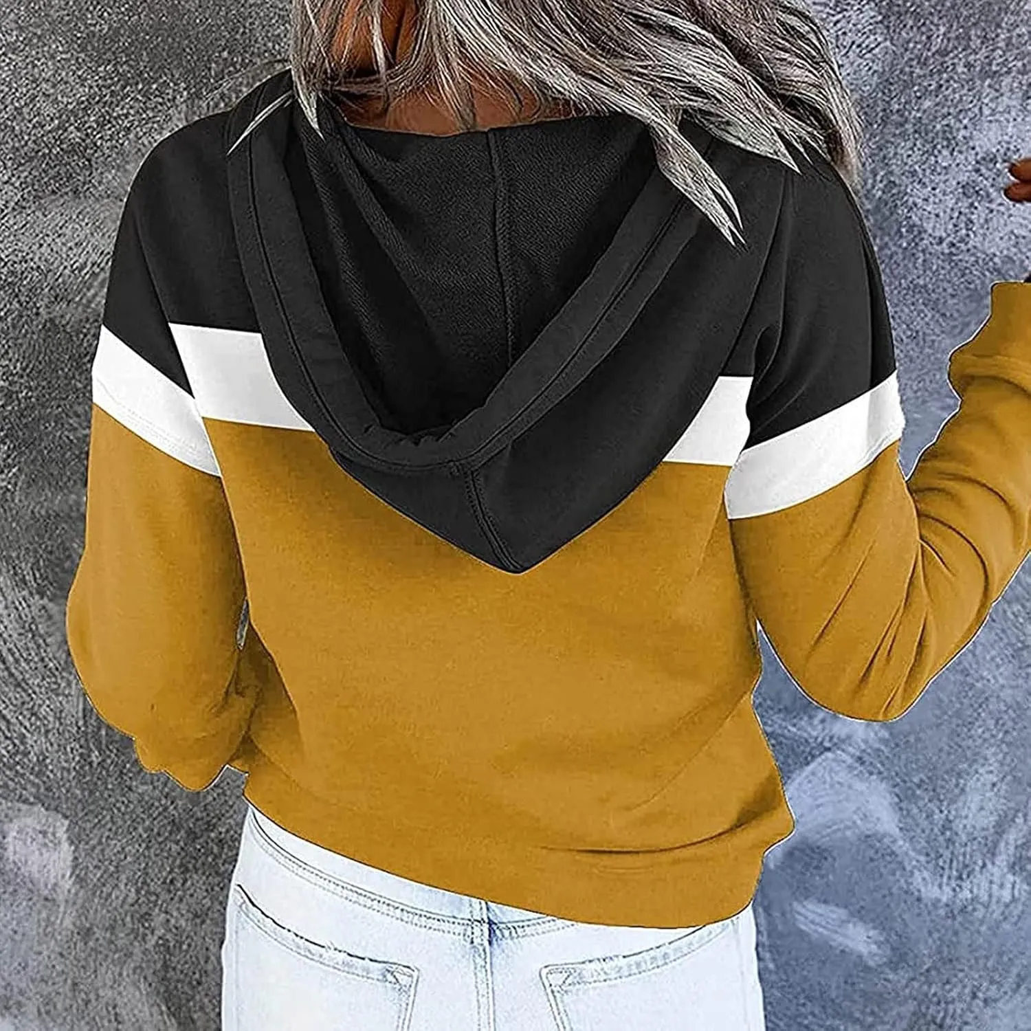 Women Fall Fashion 2023 Color Block Fleece Sweatshirt With Front Pocket Snap Up Buttons Drawstring Y2K Hoodies Pullover
