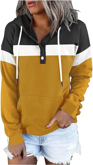 Women Fall Fashion 2023 Color Block Fleece Sweatshirt With Front Pocket Snap Up Buttons Drawstring Y2K Hoodies Pullover