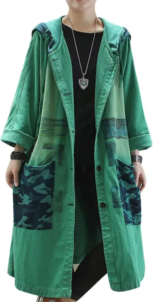 Women Fashion Loose Distressed Denim Trench Jacket Coat Casual Plus Size Jean Outerwear