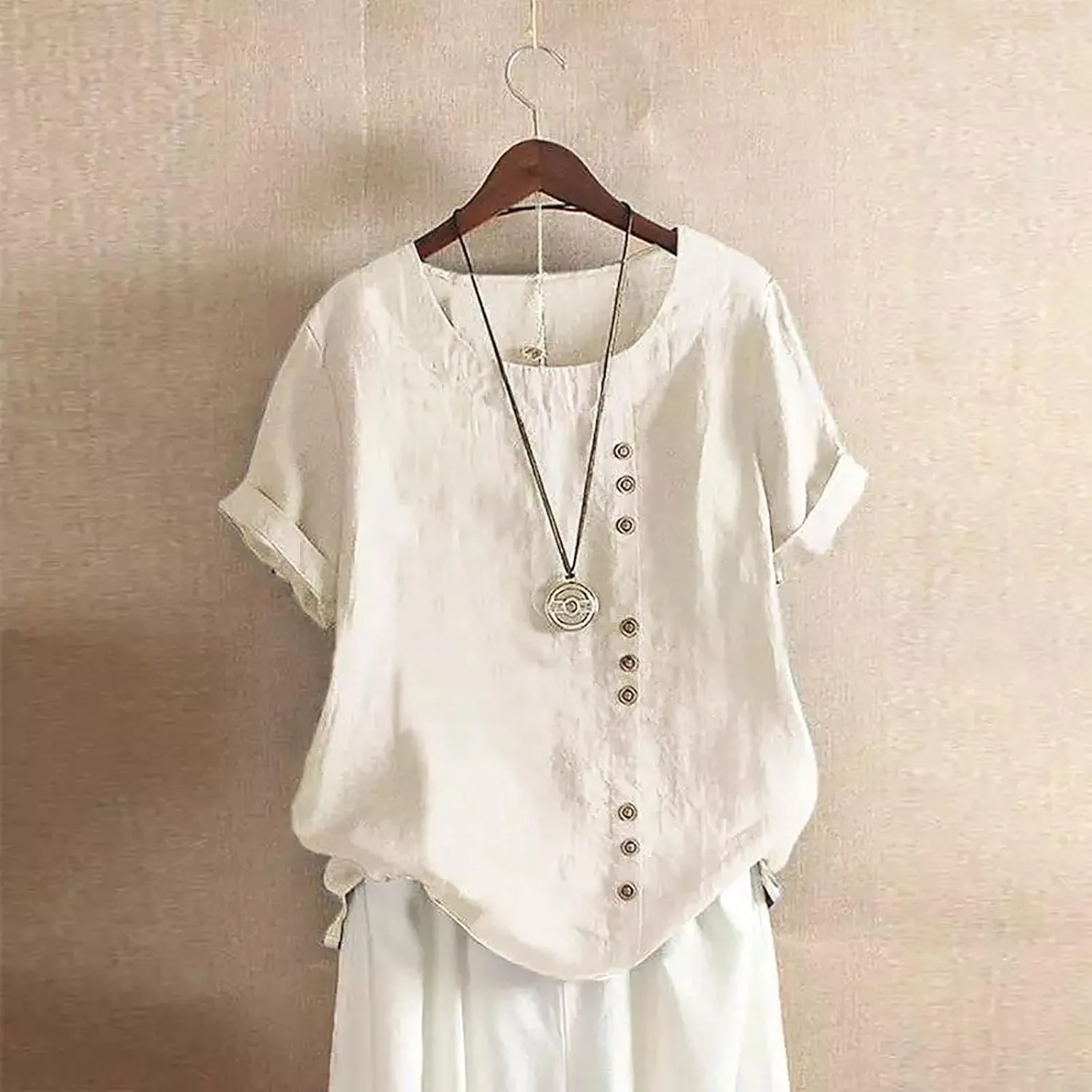 Women Linen Shirts V Neck Button Down Blouse Boho Oversized Tshirt Short Sleeve Loose Fit Tunic Top
