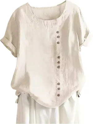 Women Linen Shirts V Neck Button Down Blouse Boho Oversized Tshirt Short Sleeve Loose Fit Tunic Top