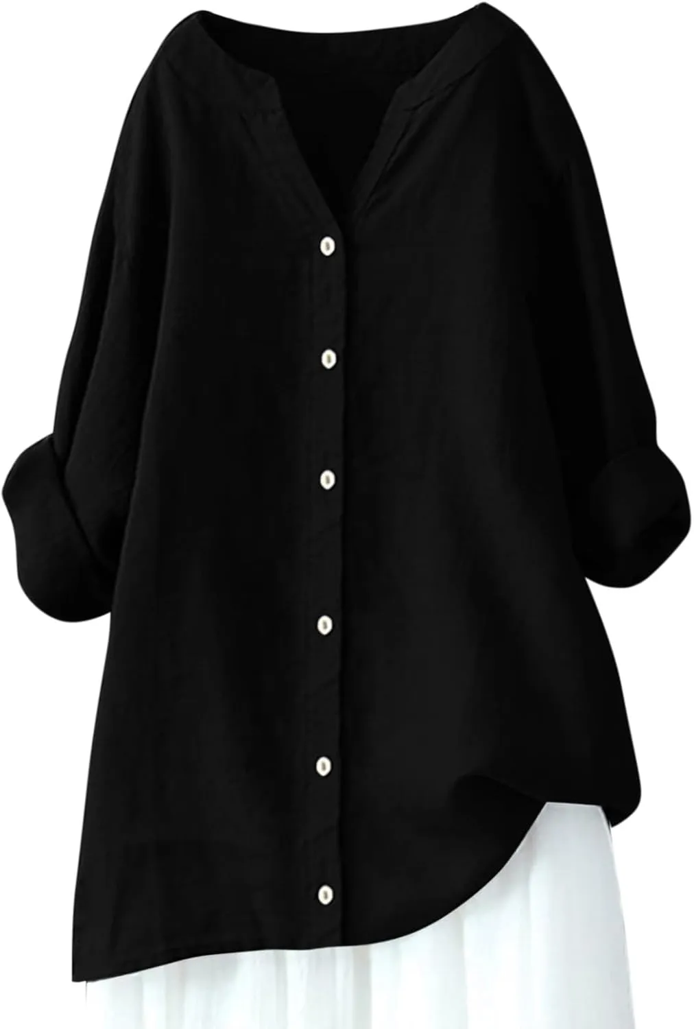 Women Linen Shirts V-Neck Button Down Blouse Boho Trendy Tee Top Short Sleeve Loose Tunics Top