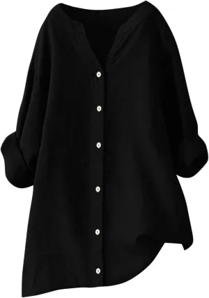 Women Linen Shirts V-Neck Button Down Blouse Boho Trendy Tee Top Short Sleeve Loose Tunics Top