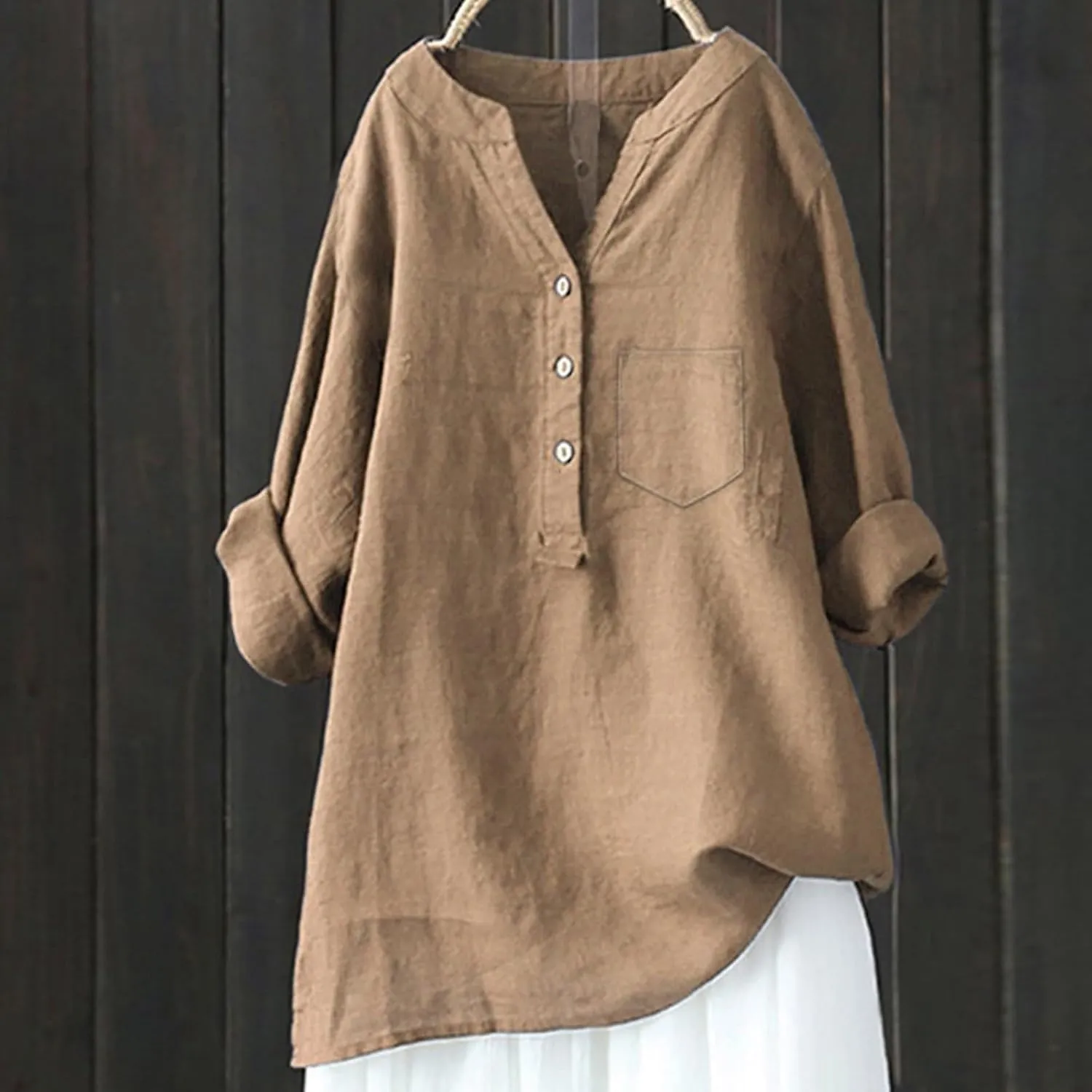 Women Linen Shirts V-Neck Button Down Blouse Collared Soft Tee Tops Short Sleeve Loose Shirts