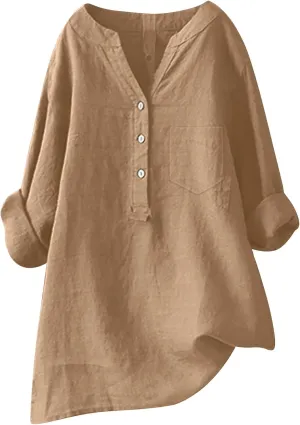 Women Linen Shirts V-Neck Button Down Blouse Collared Soft Tee Tops Short Sleeve Loose Shirts