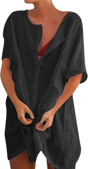 Women Linen Shirts V-Neck Button Down Blouses Plain Fashion Tee Shirts Long Sleeve Loose Fit T Shirt