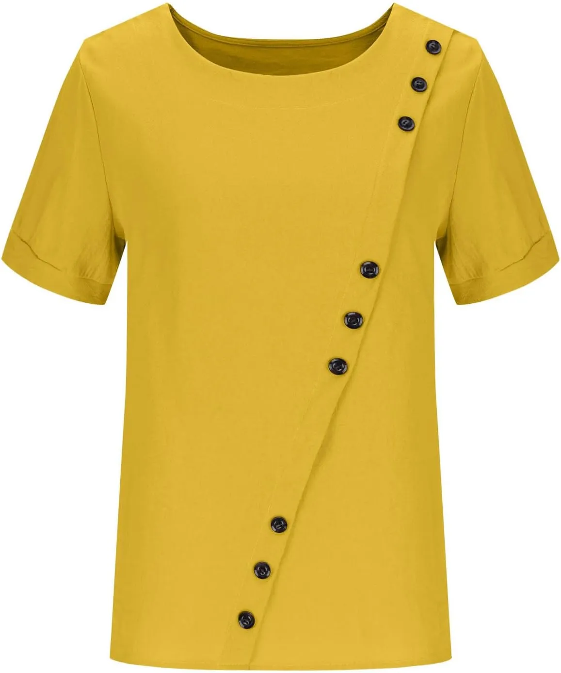 Women Linen Tops Short Sleeve Round Neck Gauze Shirt Casual Summer Vintage Loose Button Comfy Tshirt Cotton Blouse