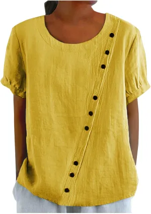 Women Linen Tops Short Sleeve Round Neck Gauze Shirt Casual Summer Vintage Loose Button Comfy Tshirt Cotton Blouse