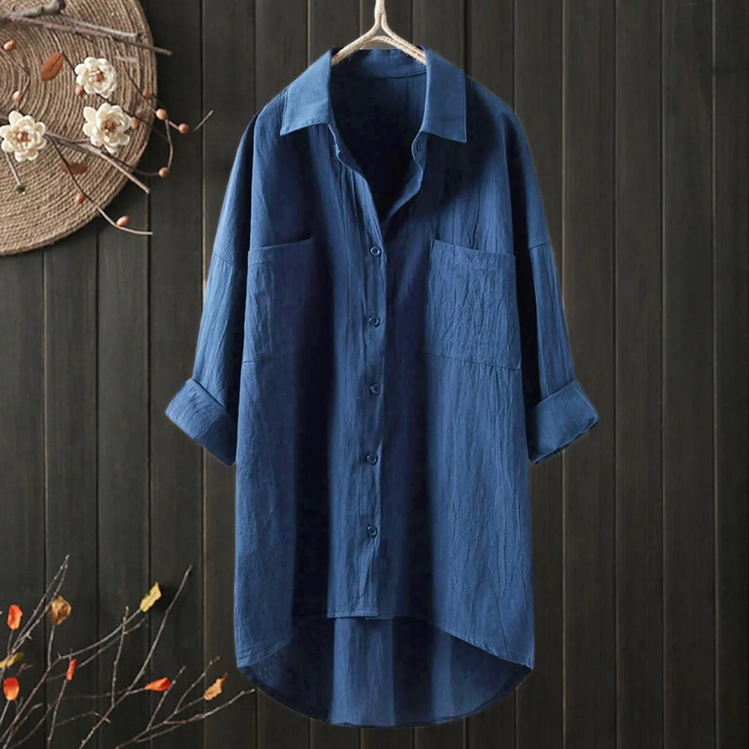 Women Long Sleeve Linen Shirts Collared Button Down Boho Tops Solid Color Dressy Beach Blouses with Pockets