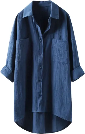 Women Long Sleeve Linen Shirts Collared Button Down Boho Tops Solid Color Dressy Beach Blouses with Pockets