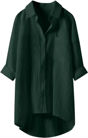 Women Long Sleeve Linen Shirts Collared Button Down Boho Tops Solid Color Dressy Beach Blouses with Pockets