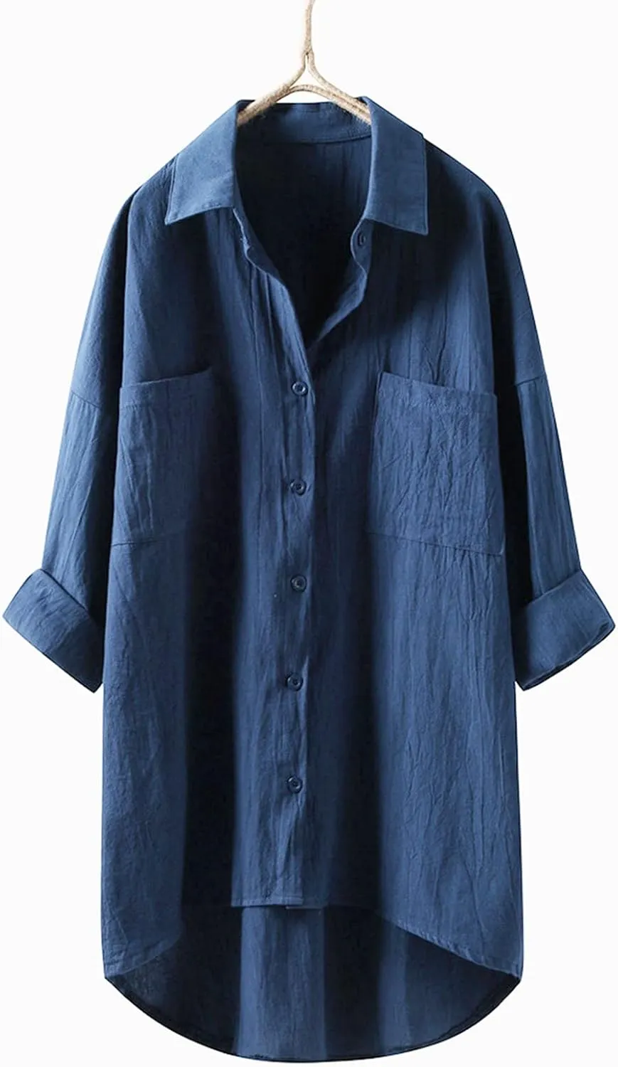 Women Long Sleeve Linen Shirts Collared Button Down Boho Tops Solid Color Dressy Beach Blouses with Pockets