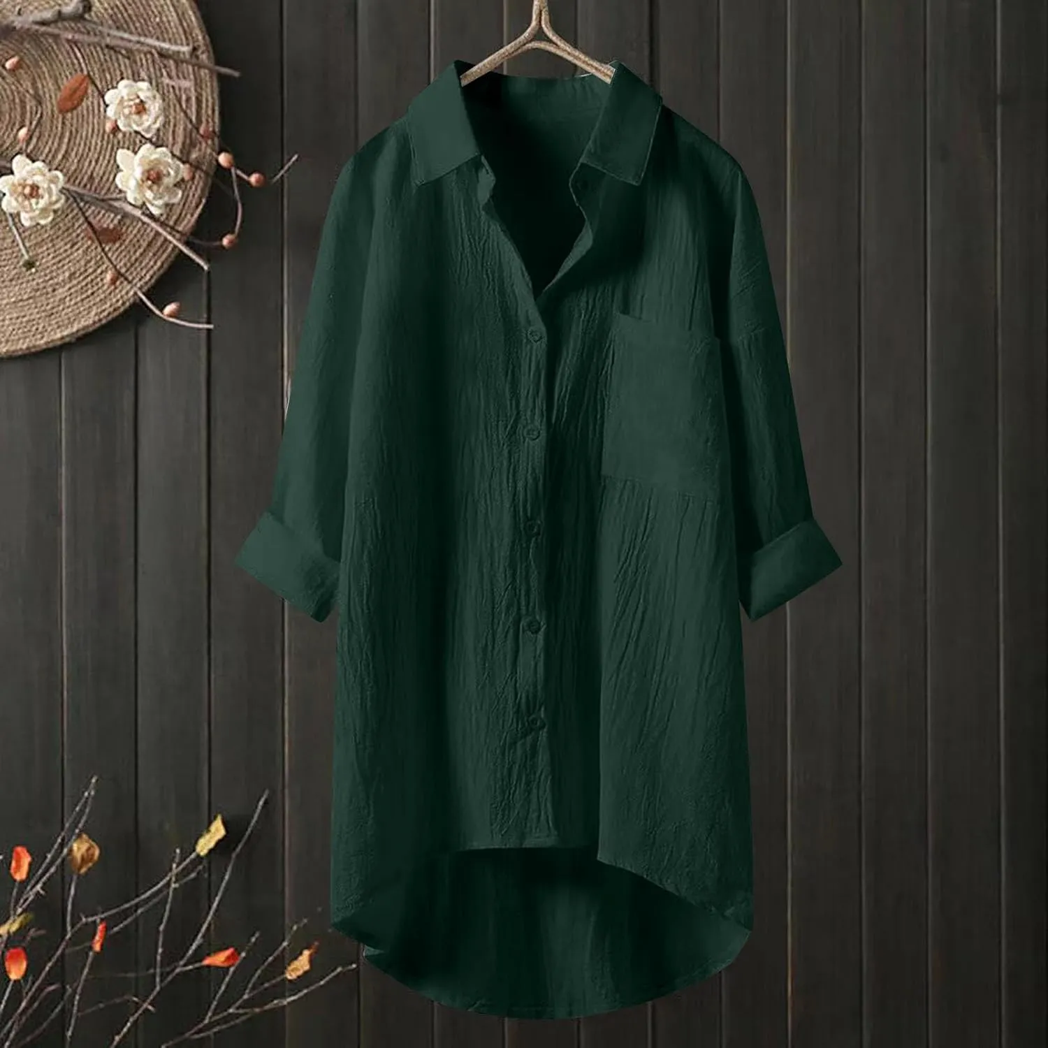 Women Long Sleeve Linen Shirts Collared Button Down Boho Tops Solid Color Dressy Beach Blouses with Pockets