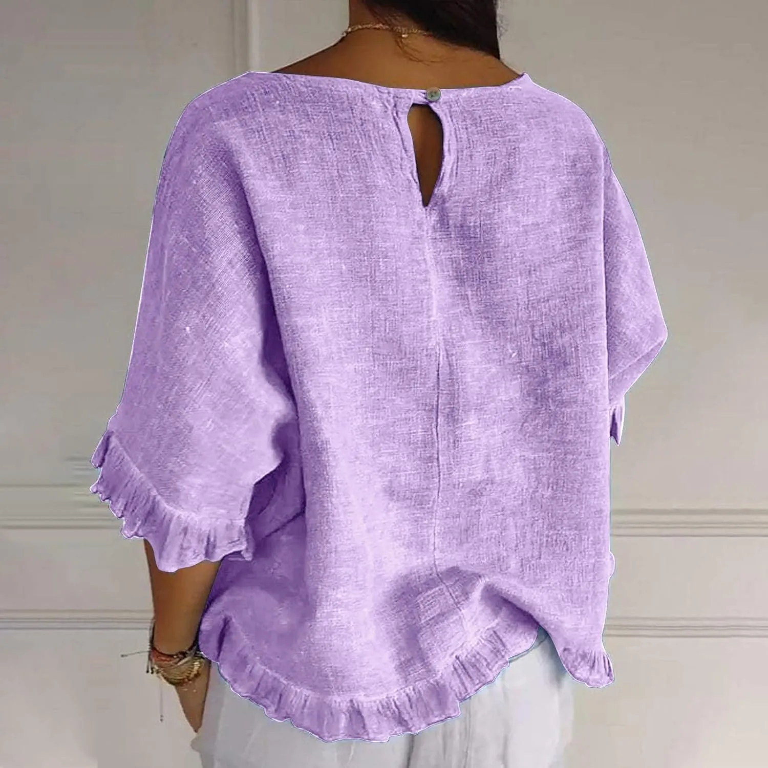 Women Round Neck Ruffled Hem Cotton Linen Tops 2025 Summer Short Sleeve Solid Color Pullover Tunic Elegant Blouse Tee