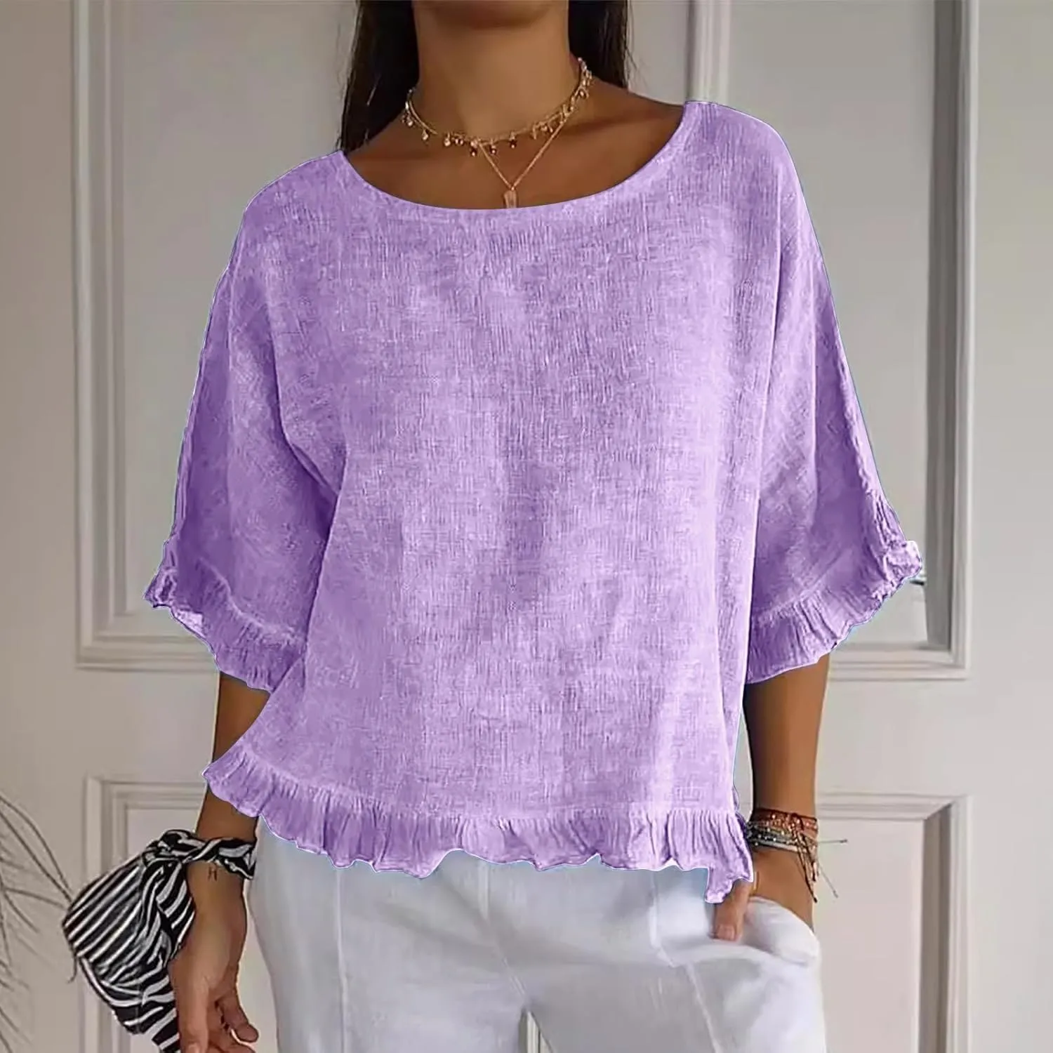 Women Round Neck Ruffled Hem Cotton Linen Tops 2025 Summer Short Sleeve Solid Color Pullover Tunic Elegant Blouse Tee