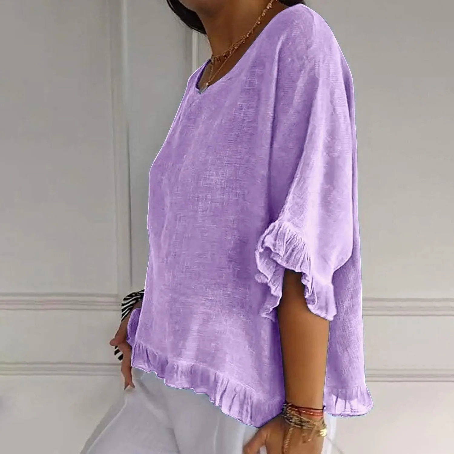 Women Round Neck Ruffled Hem Cotton Linen Tops 2025 Summer Short Sleeve Solid Color Pullover Tunic Elegant Blouse Tee