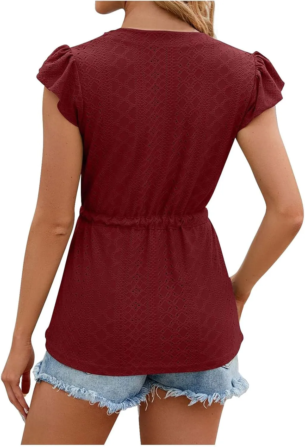 Women Ruffle Sleeve Eyelet Tops Casual V Neck Button Down Blouses Elegant Tie Waist Shirt Trendy Slim Fit Tunic Tops