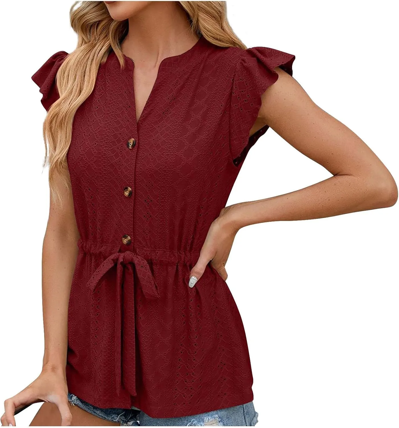 Women Ruffle Sleeve Eyelet Tops Casual V Neck Button Down Blouses Elegant Tie Waist Shirt Trendy Slim Fit Tunic Tops