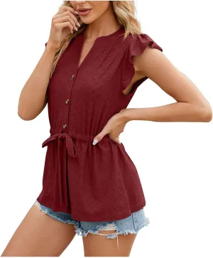 Women Ruffle Sleeve Eyelet Tops Casual V Neck Button Down Blouses Elegant Tie Waist Shirt Trendy Slim Fit Tunic Tops