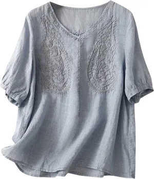 Women Summer Short Sleeve Cotton Linen Peasant Tops Smock Mexican Boho Embroidered T-Shirt Casual V Neck Oversized