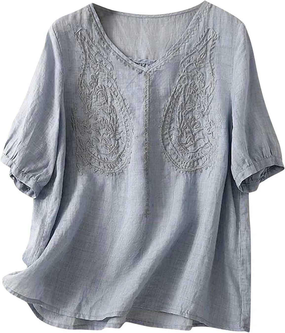 Women Summer Short Sleeve Cotton Linen Peasant Tops Smock Mexican Boho Embroidered T-Shirt Casual V Neck Oversized