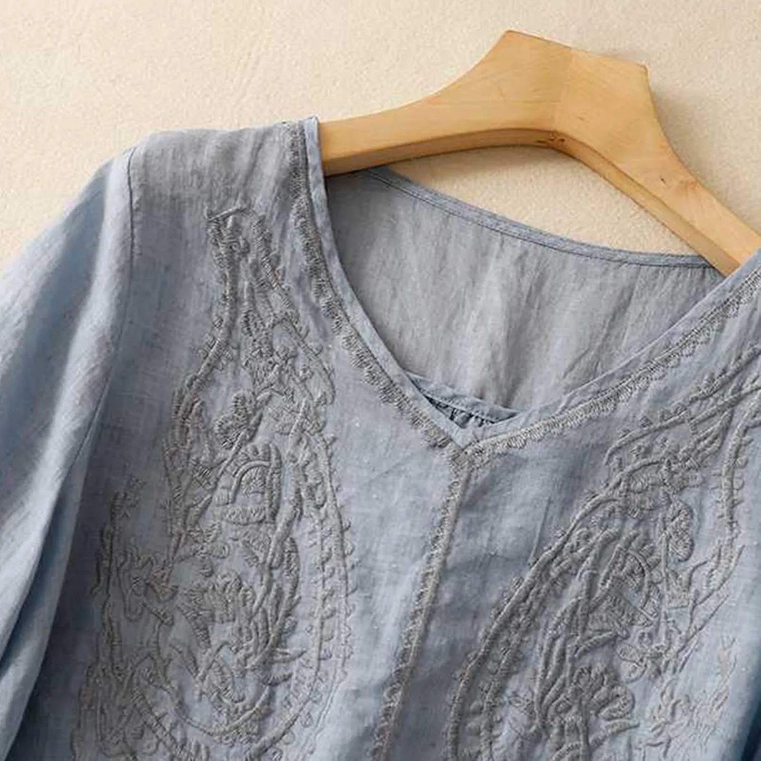 Women Summer Short Sleeve Cotton Linen Peasant Tops Smock Mexican Boho Embroidered T-Shirt Casual V Neck Oversized